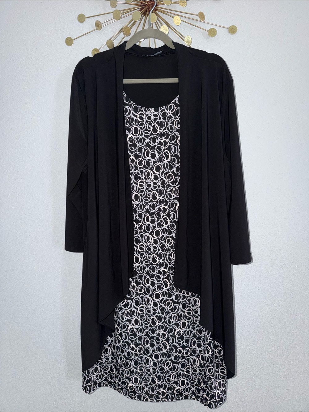Ashley Blue Black and White Printed Dress with attached Black Duster